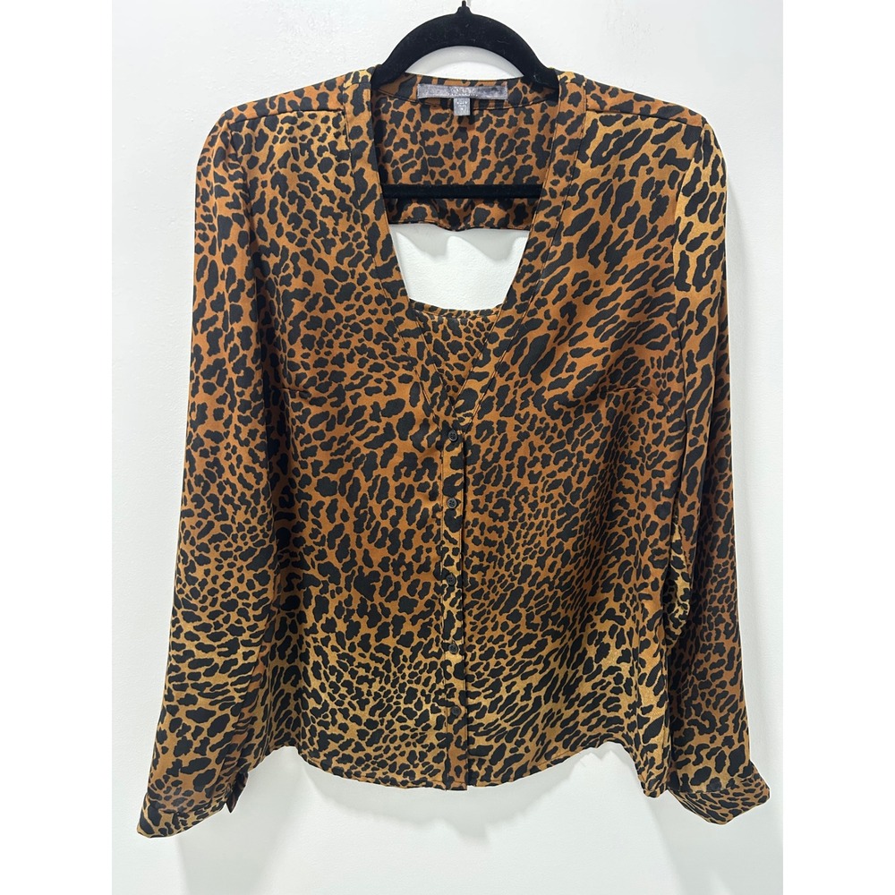Guess Los Angeles Leopard Print Cutout Back Button Front Blouse Tan Black M